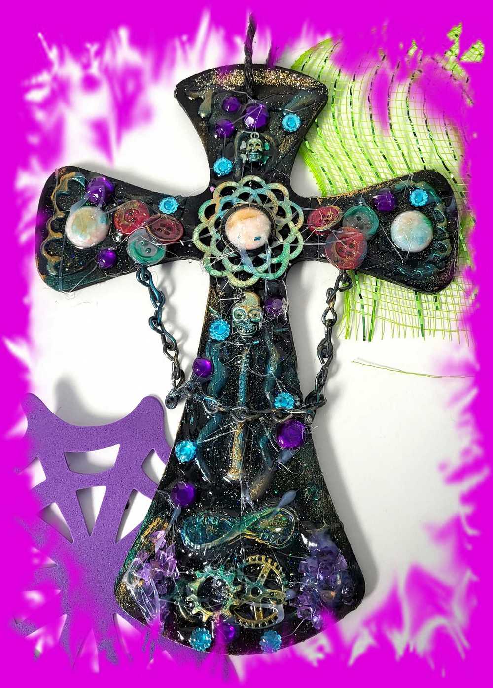 Wooden Cross with Chains, Buttons, Rhinestones, Gears and Skulls