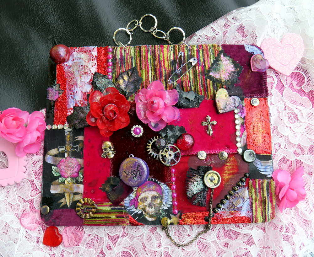 Pink and Burgundy Patchwork Wall Decor with Fabric, Skull and Bones