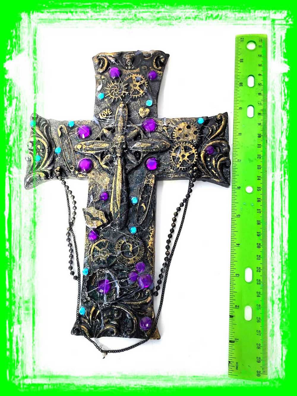 Black Cross With Skulls and Gears in Purple and Teal Rhinestones