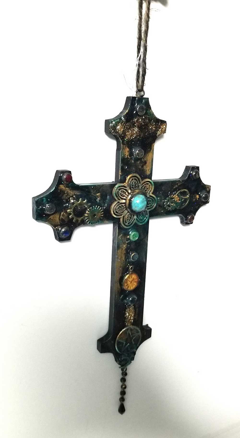 Altered Wood Goth Cross with Blue Stone and Gems