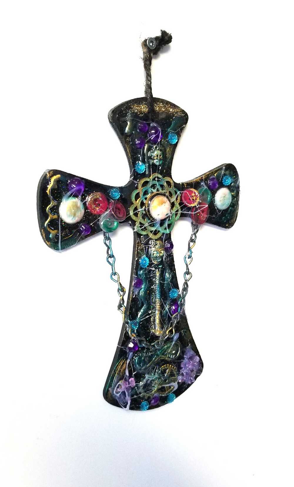 Wooden Cross with Chains, Buttons, Rhinestones, Gears and Skulls