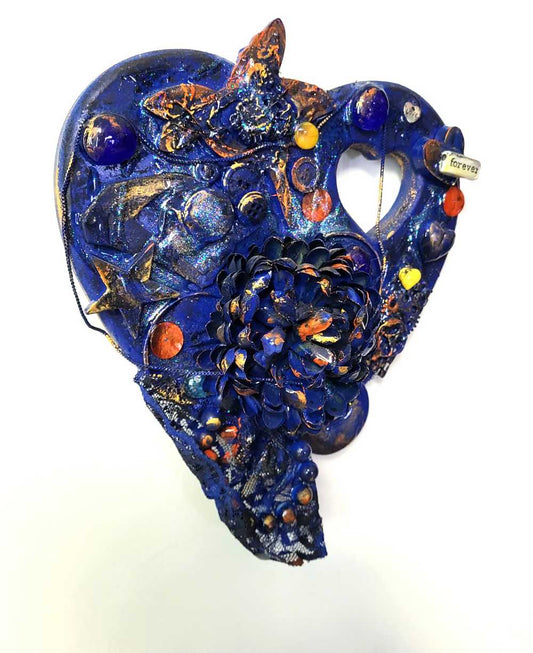 Deep Blue Wooden Heart Wall Plaque with Flowers, Recycled Jewelry, Gears and a Hummingbird