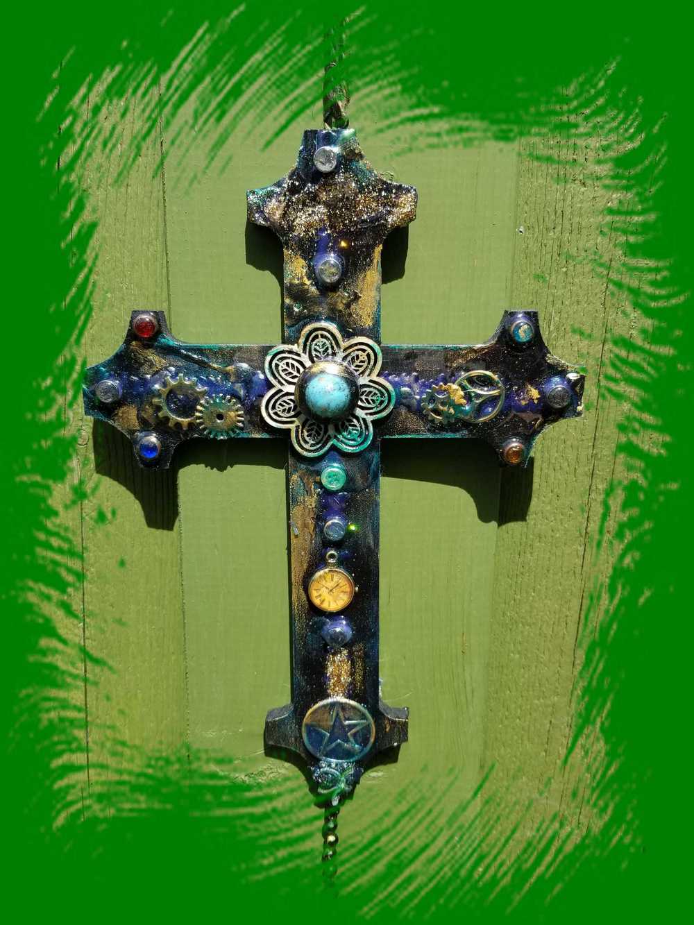 Altered Wood Goth Cross with Blue Stone and Gems