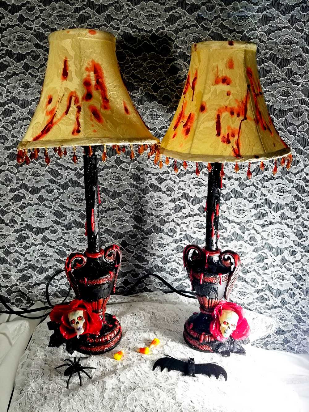 2 Lamps with Fake Blood Splattered on Lamp Shade, Skull Head in a Red Rose