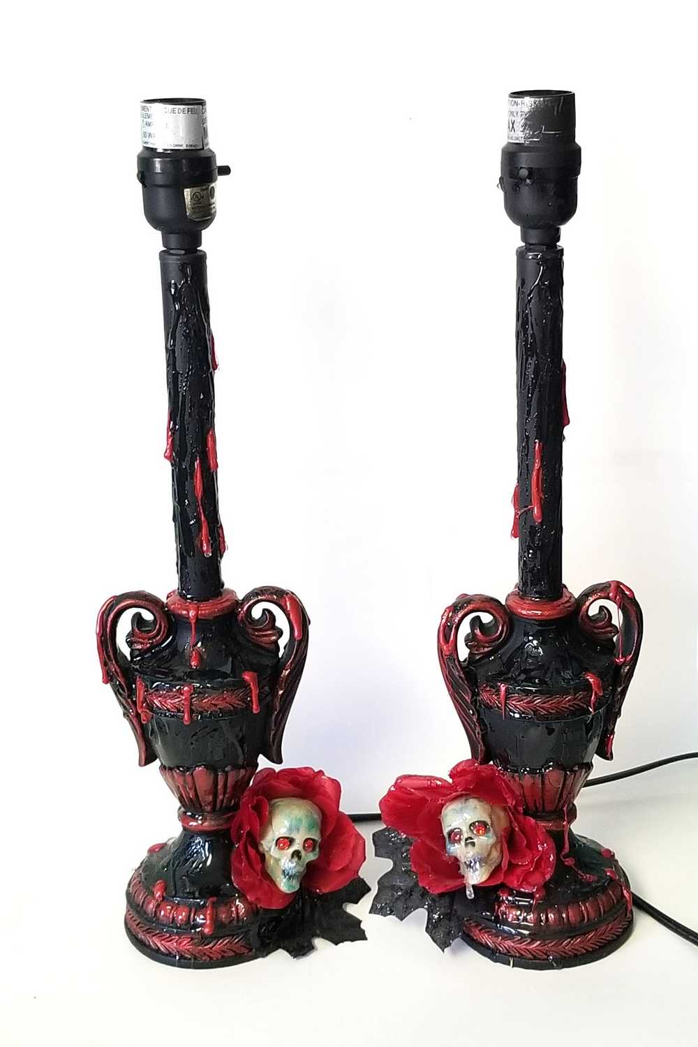 2 Lamps with Fake Blood Splattered on Lamp Shade, Skull Head in a Red Rose