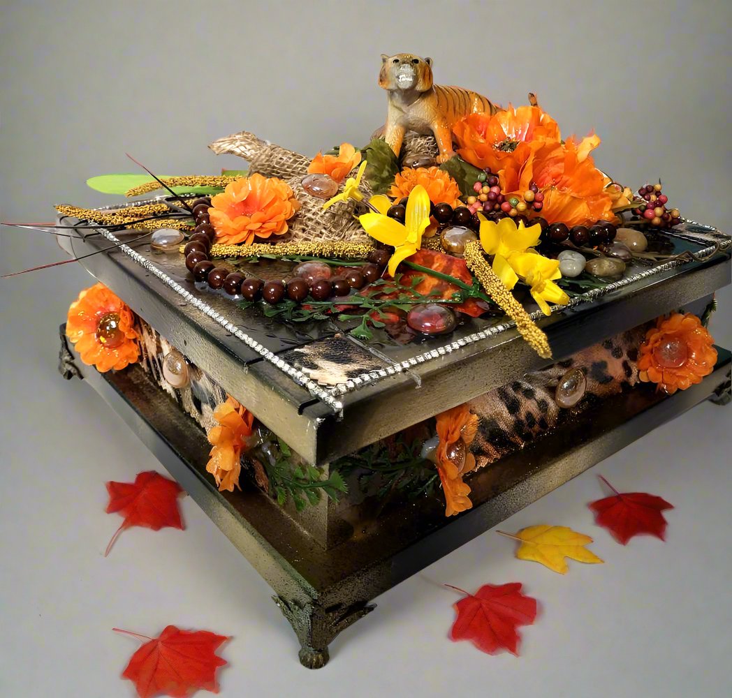 Jewelry Box with Orange & Yellow Flowers and a Tiger, Safari Themed