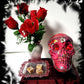 Red Skull and Roses in Resin in a Vintage Candy Dish