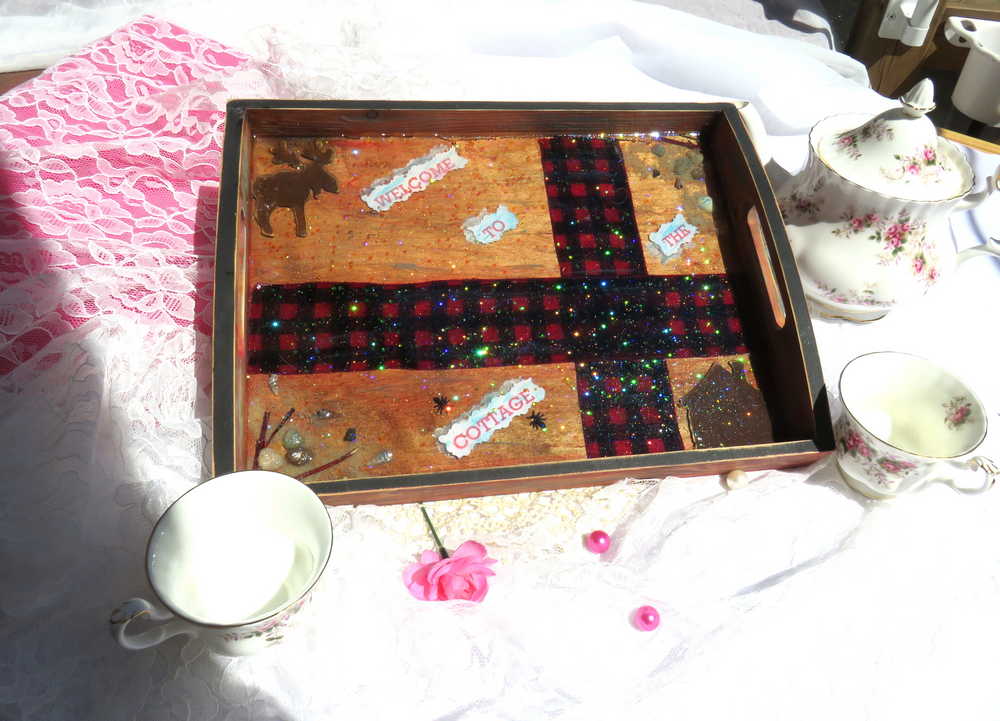 Serving Food Tray with a Cute Cottage and Moose, Wood Cut Out