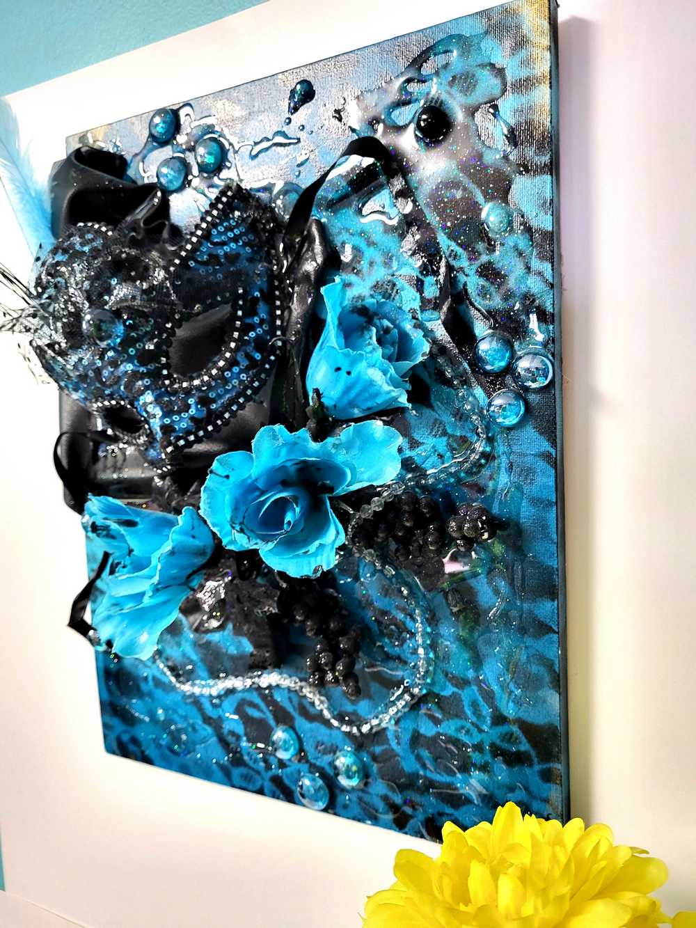 3D Canvas Art with Sexy Teal Blue Mask and Teal Blue Roses, 30 x 40 x 15 cm