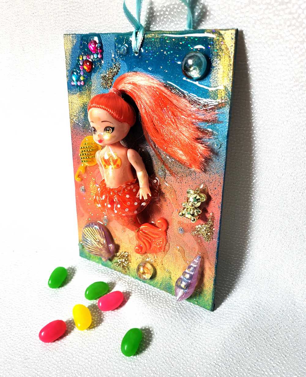 18L x 13W Orange Haired Mermaid Doll on Canvas, Art for The Kid's Room