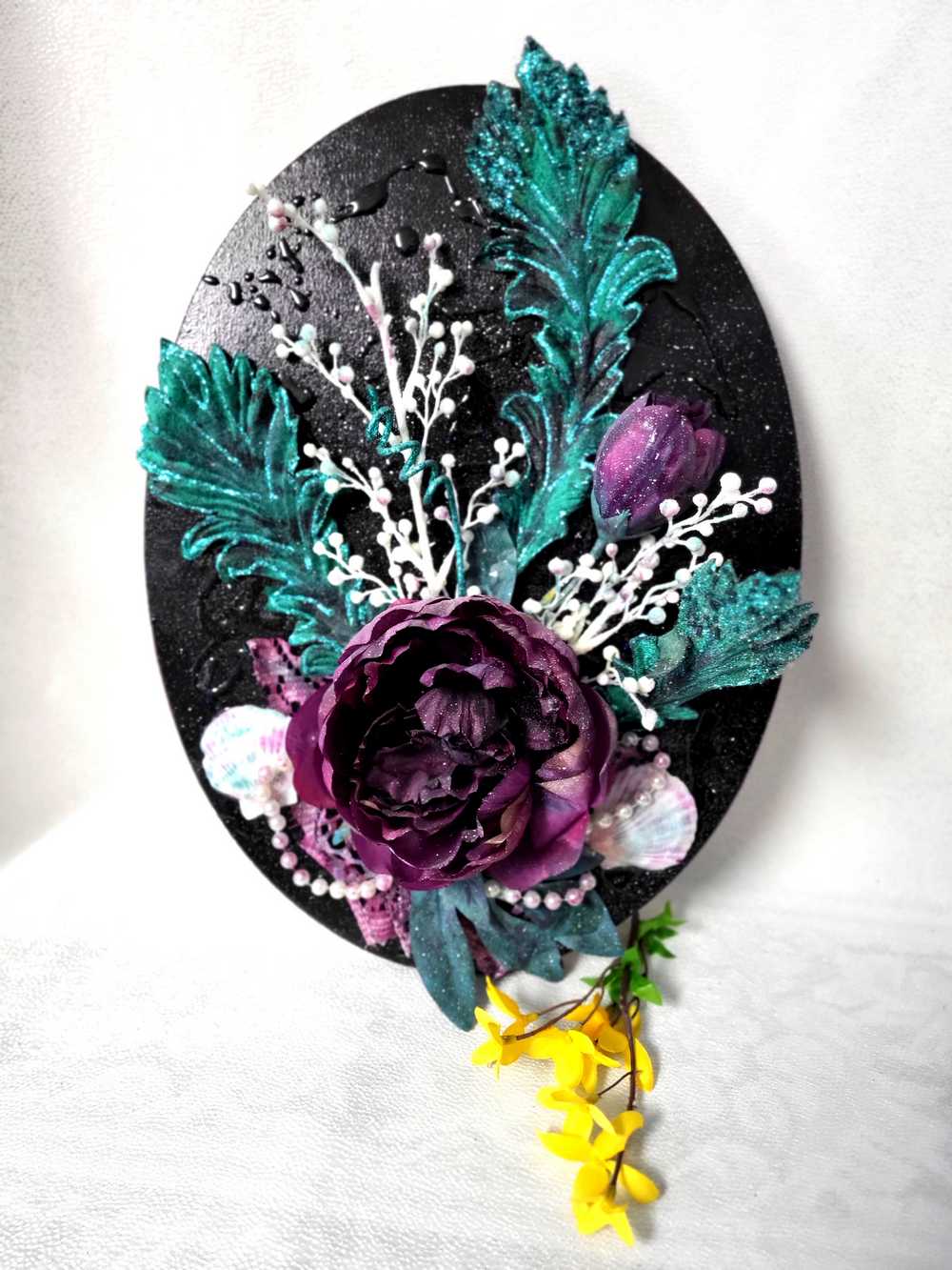 Black Oval Canvas 3D Art with Deep Purple Flowers and Shells