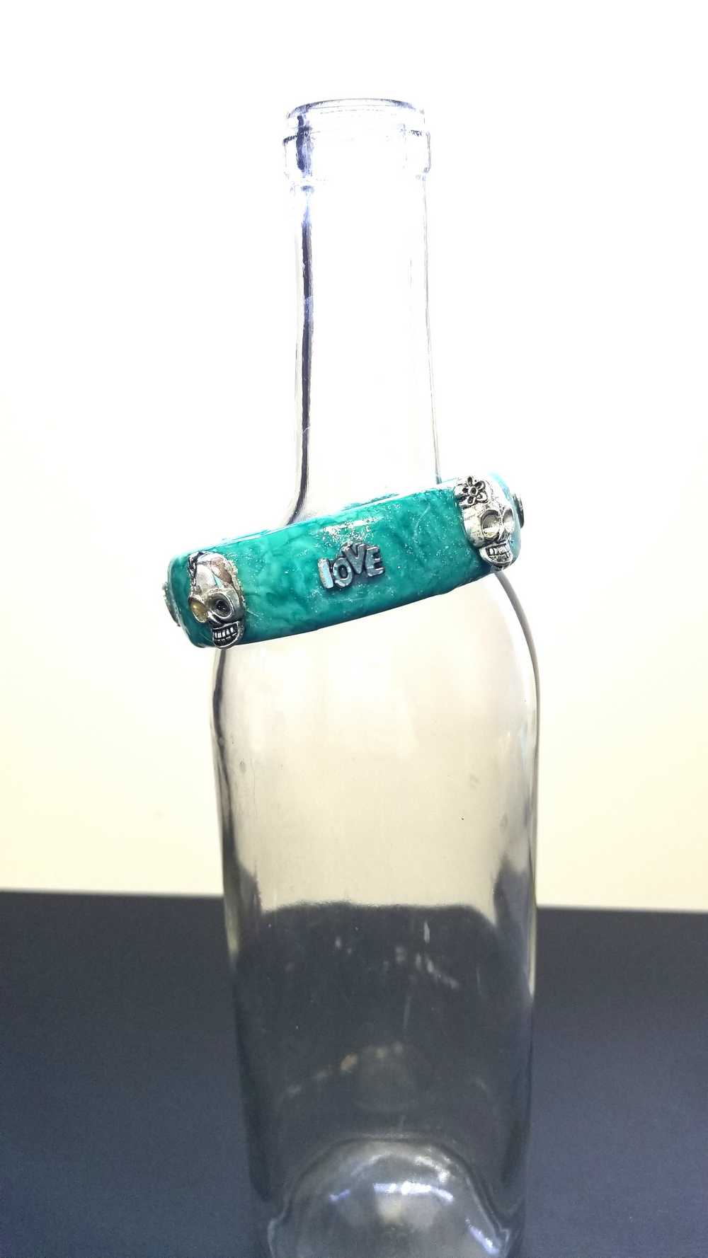 Light Teal Blue Bangle, Bracelet with Skulls and Love Charms