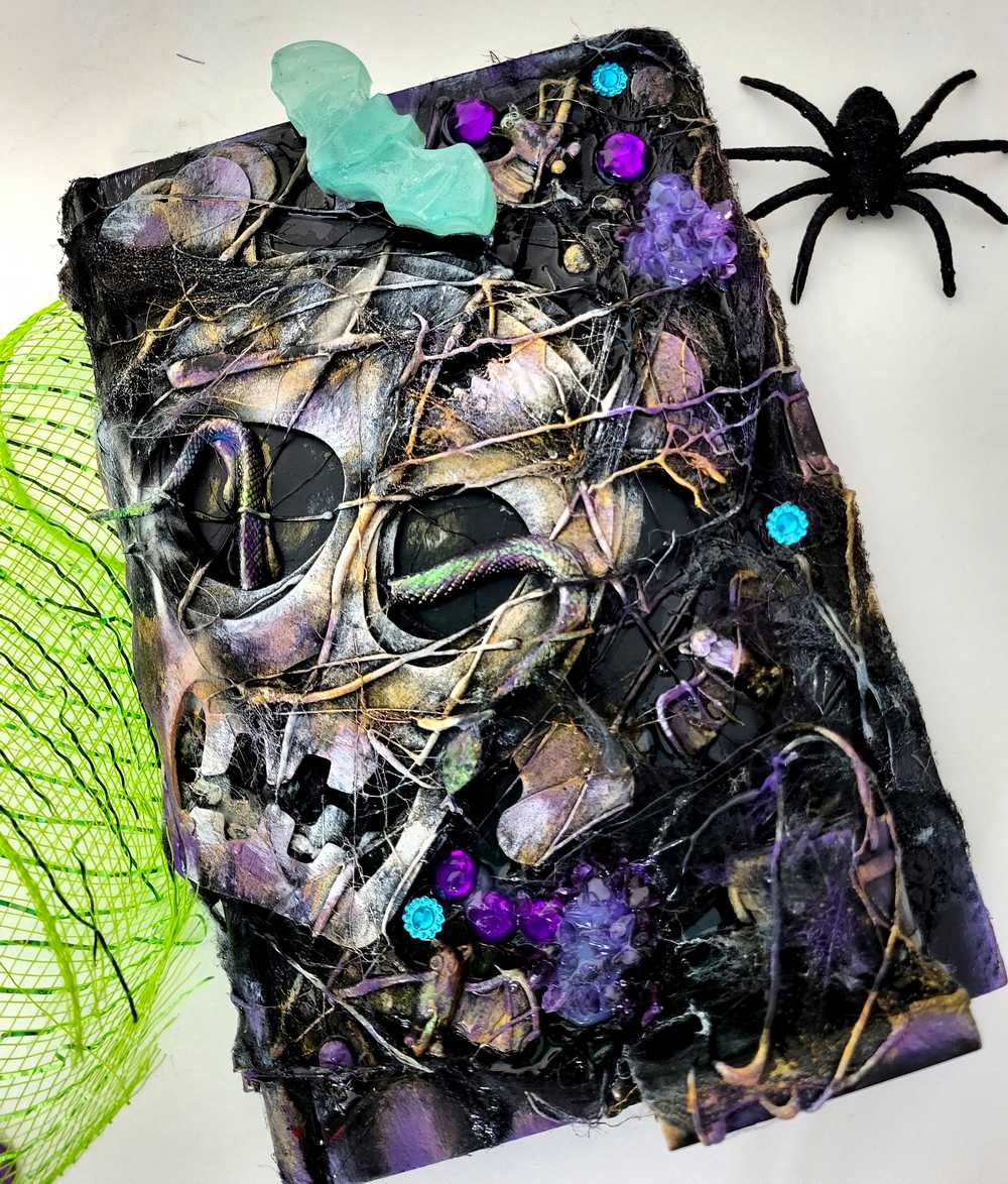 Recycled, Altered Creepy Spell Book with Skull and Snake