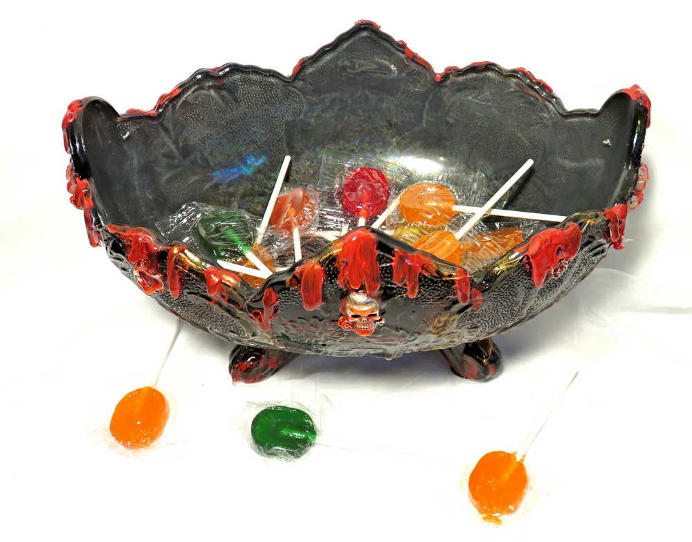 Altered Black Glass Bowl with Pedestal Feet and Scalloped Edge