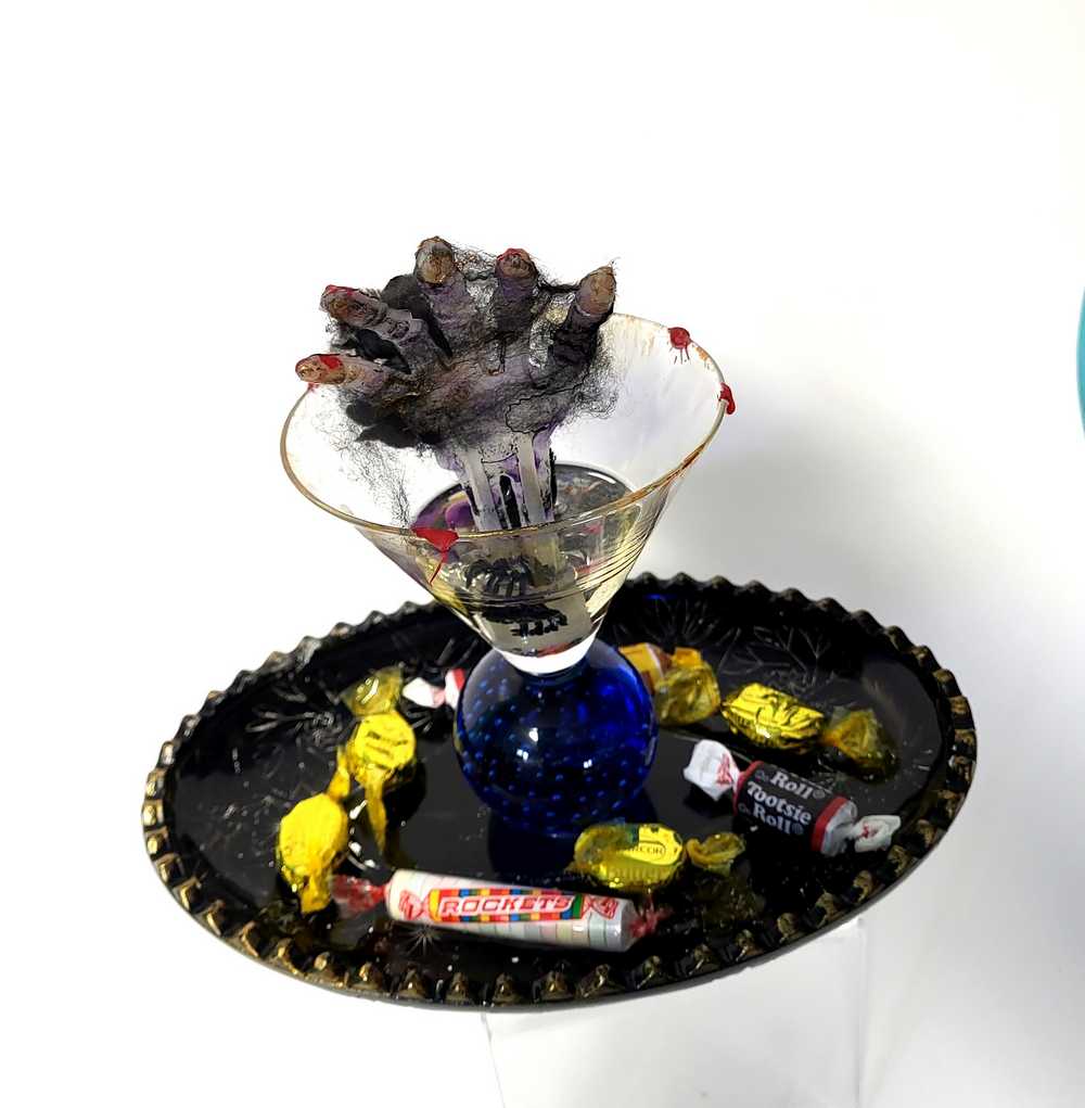 Creepy, Ghostly, Candy Dish, with Skeleton Hand in Resin, Blue Glass