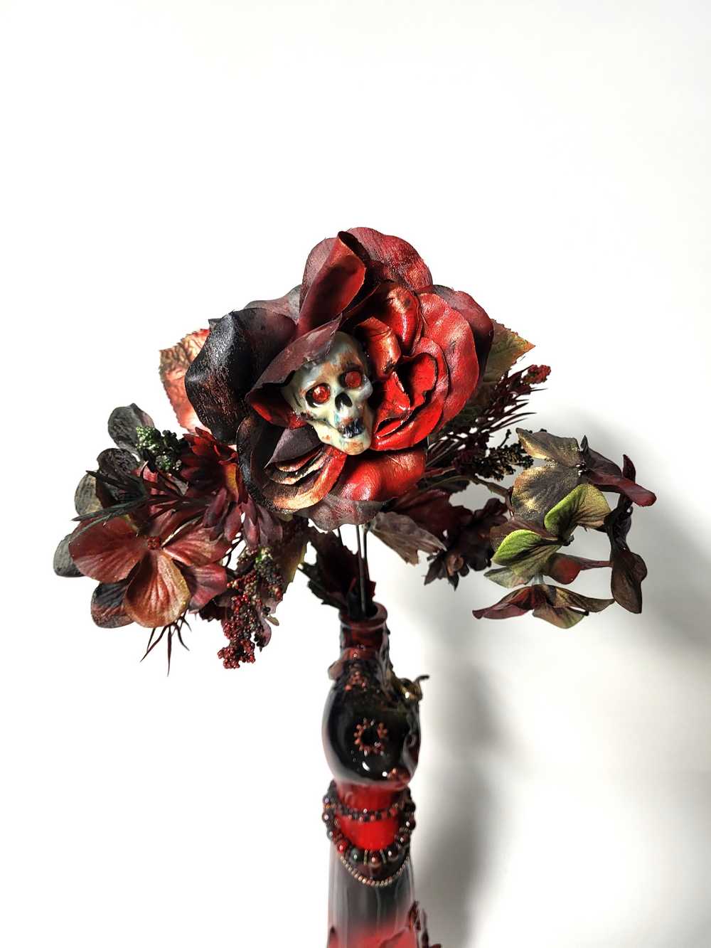 Glass Cat Vase, Red and Black Flowers with Skull and Snake