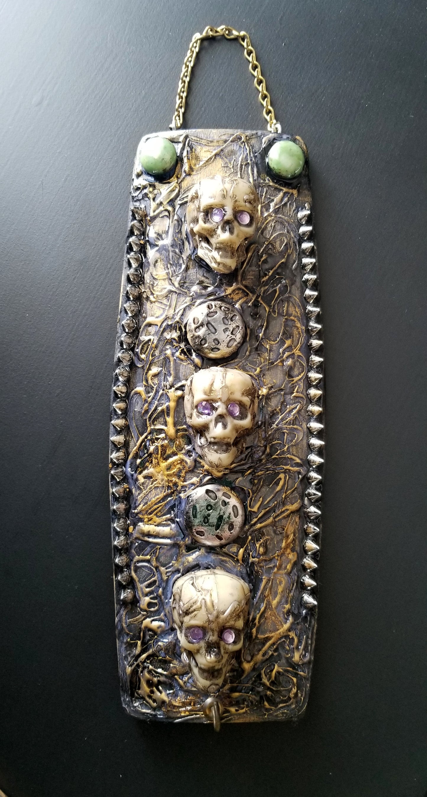 3 Skulls on a Studded Textured Wall Plaque, Home Decor, Punk Art