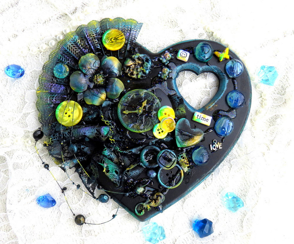 Wall Decor Wooden Heart Plaque with Teal, Yellow and Black, Punk Design