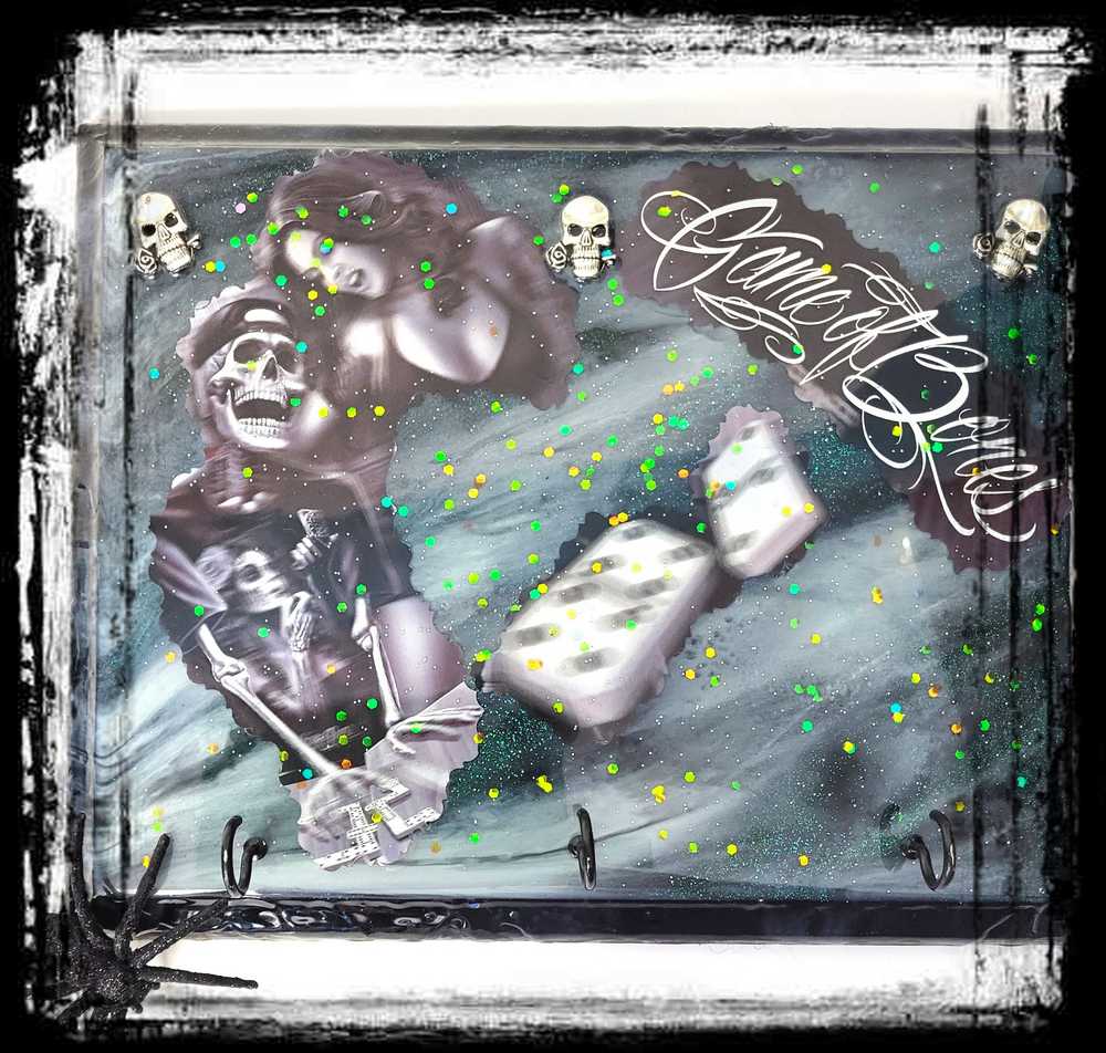 Sexy Girl With Cool Skull, Playing Dominoes on a Wall Plaque, Game of Bones, Goth Punk Decor