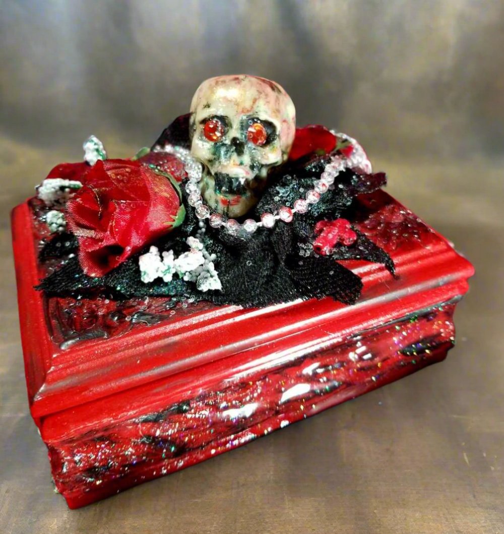 Small Red and Black Jewelry Box with a Skull and a Red Rose