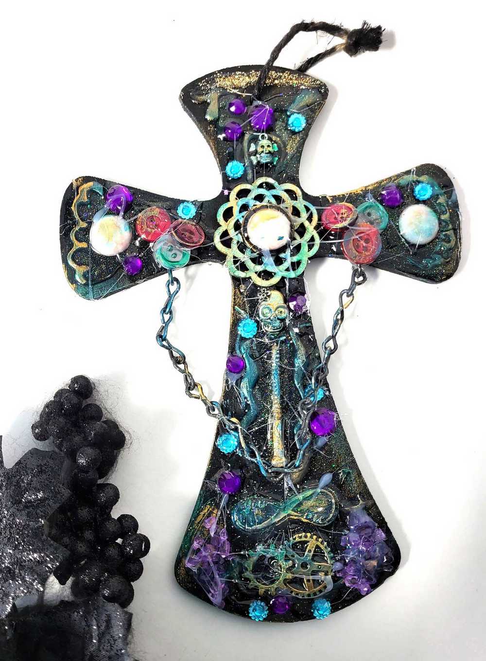 Wooden Cross with Chains, Buttons, Rhinestones, Gears and Skulls