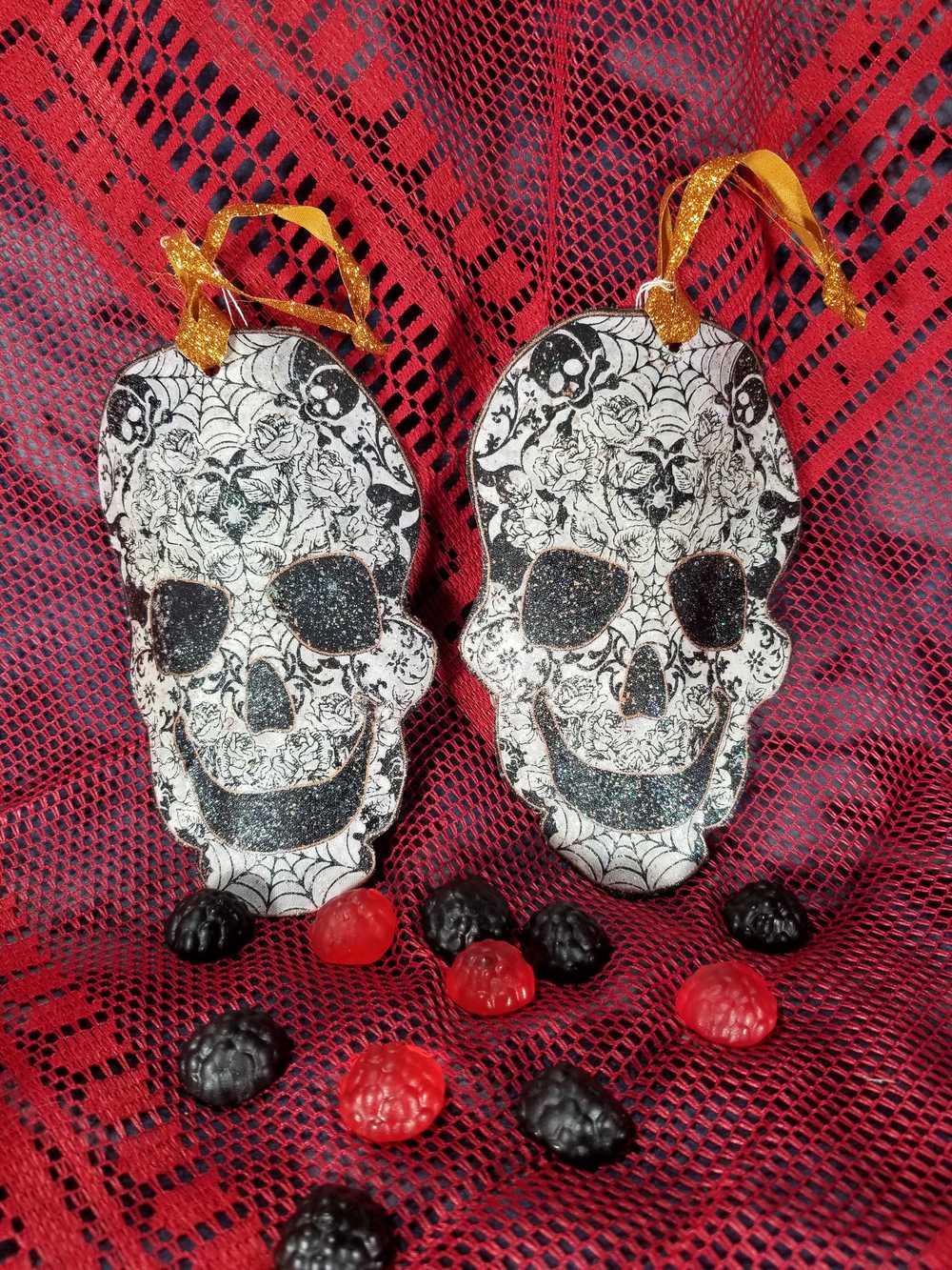 Ornament, Fabric Cut Out of a Skull with Spider Webs