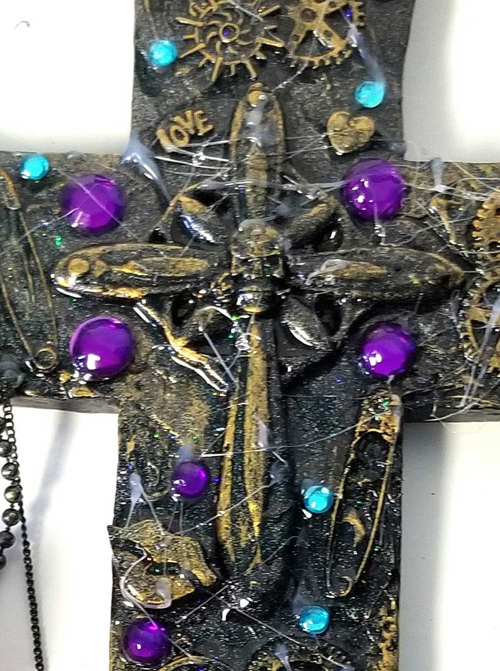 Black Cross With Skulls and Gears in Purple and Teal Rhinestones