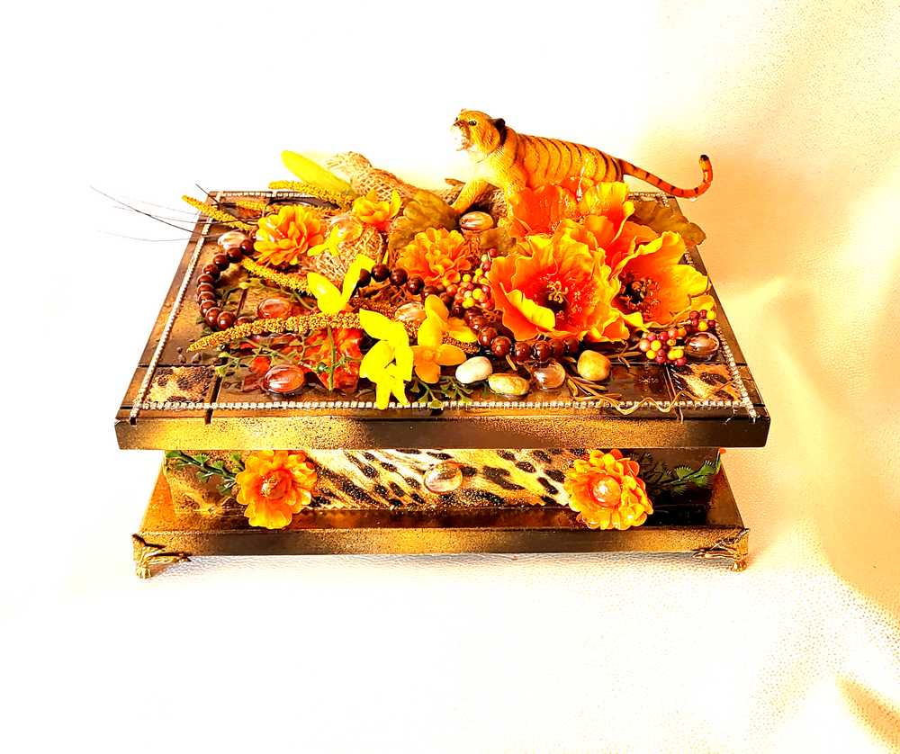 Jewelry Box with Orange & Yellow Flowers and a Tiger, Safari Themed