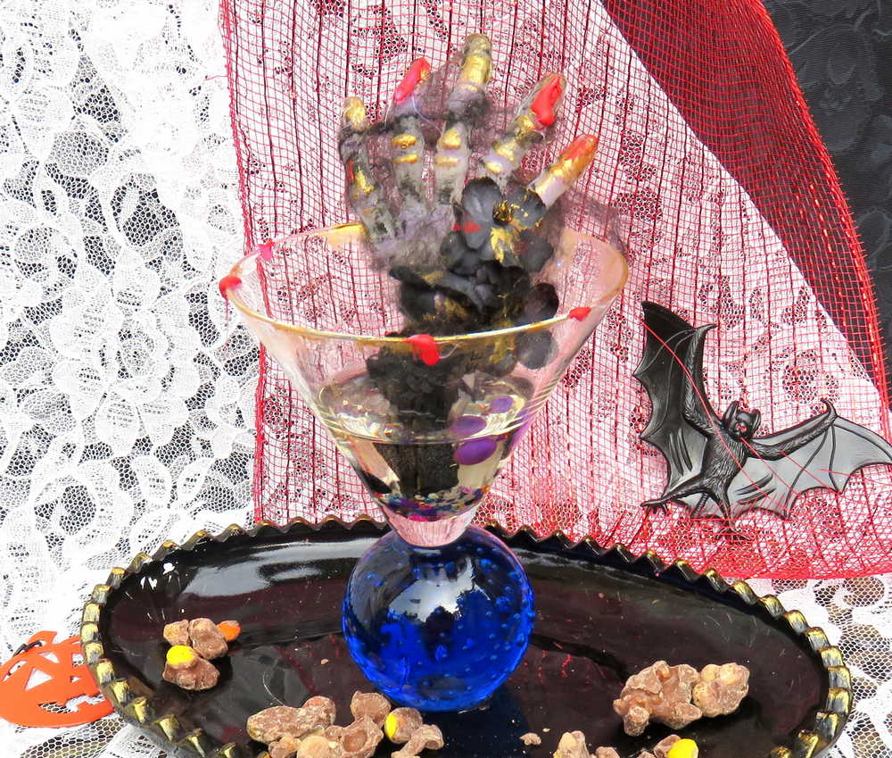 Creepy, Ghostly, Candy Dish, with Skeleton Hand in Resin, Blue Glass