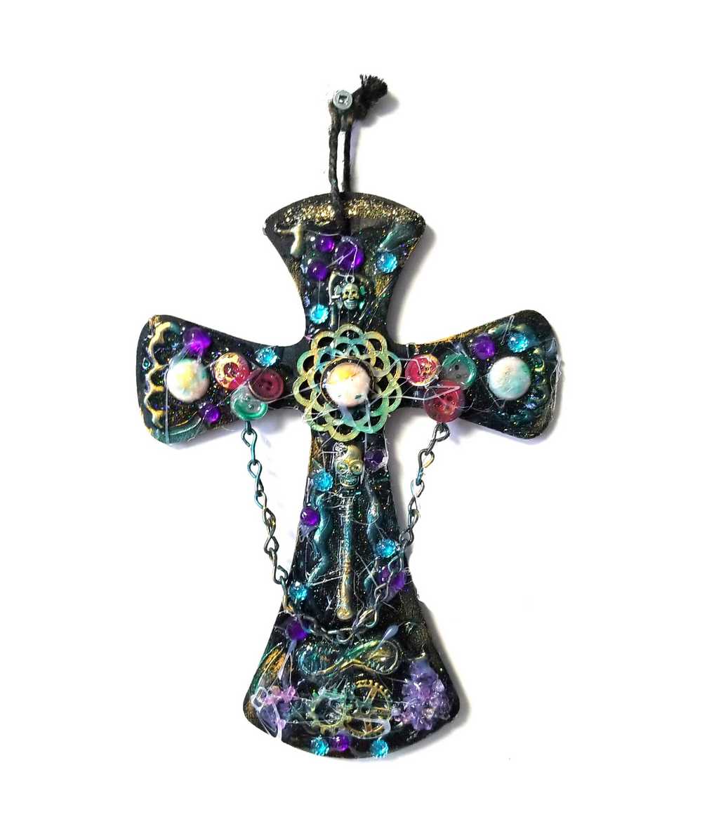 Wooden Cross with Chains, Buttons, Rhinestones, Gears and Skulls