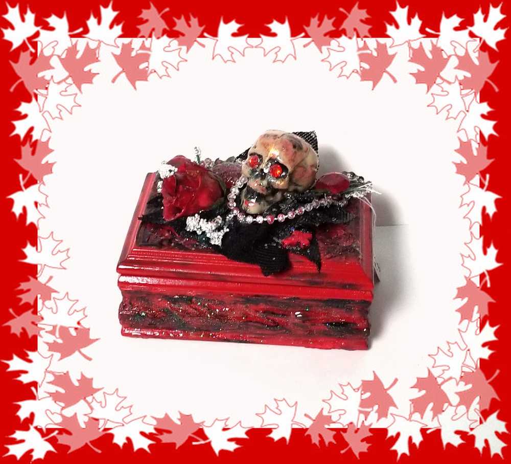 Small Red and Black Jewelry Box with a Skull and a Red Rose