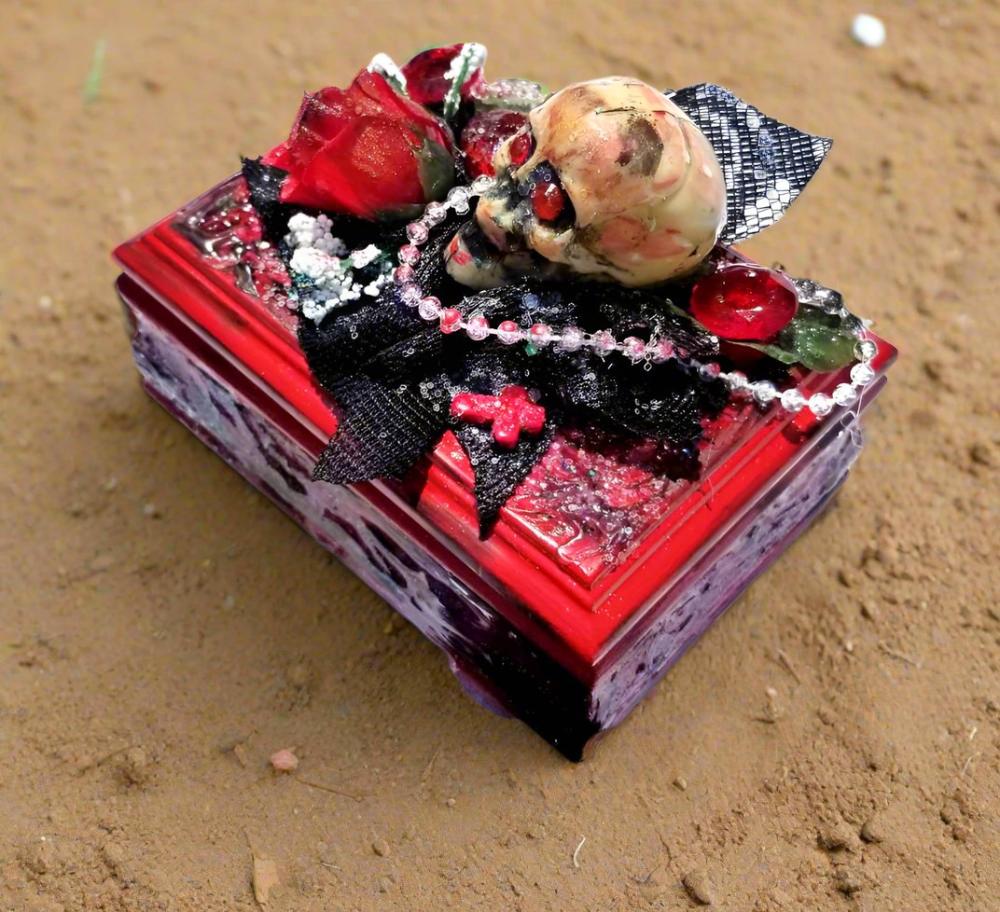 Small Red and Black Jewelry Box with a Skull and a Red Rose