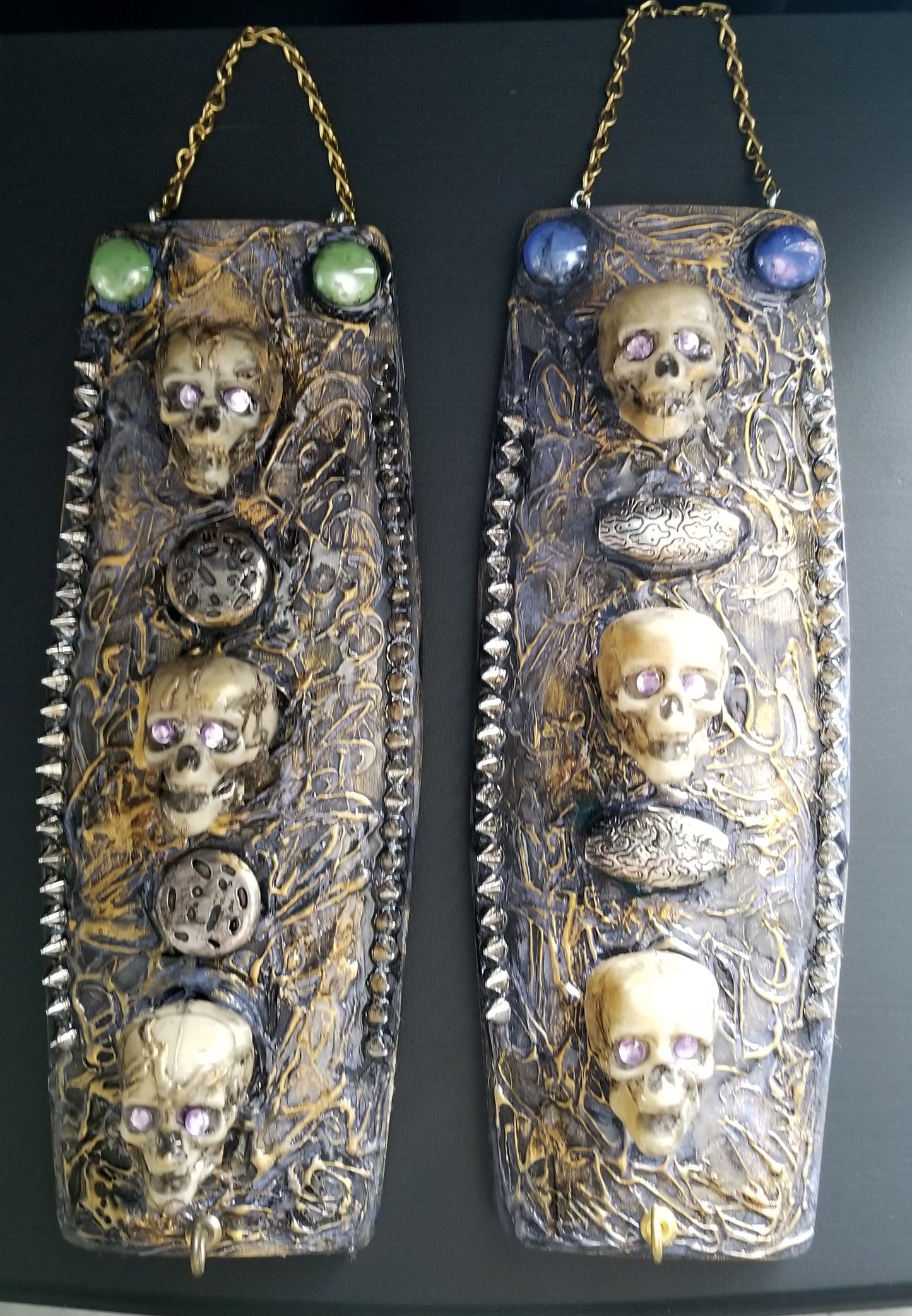 3 Skulls on a Studded Textured Wall Plaque, Home Decor, Punk Art