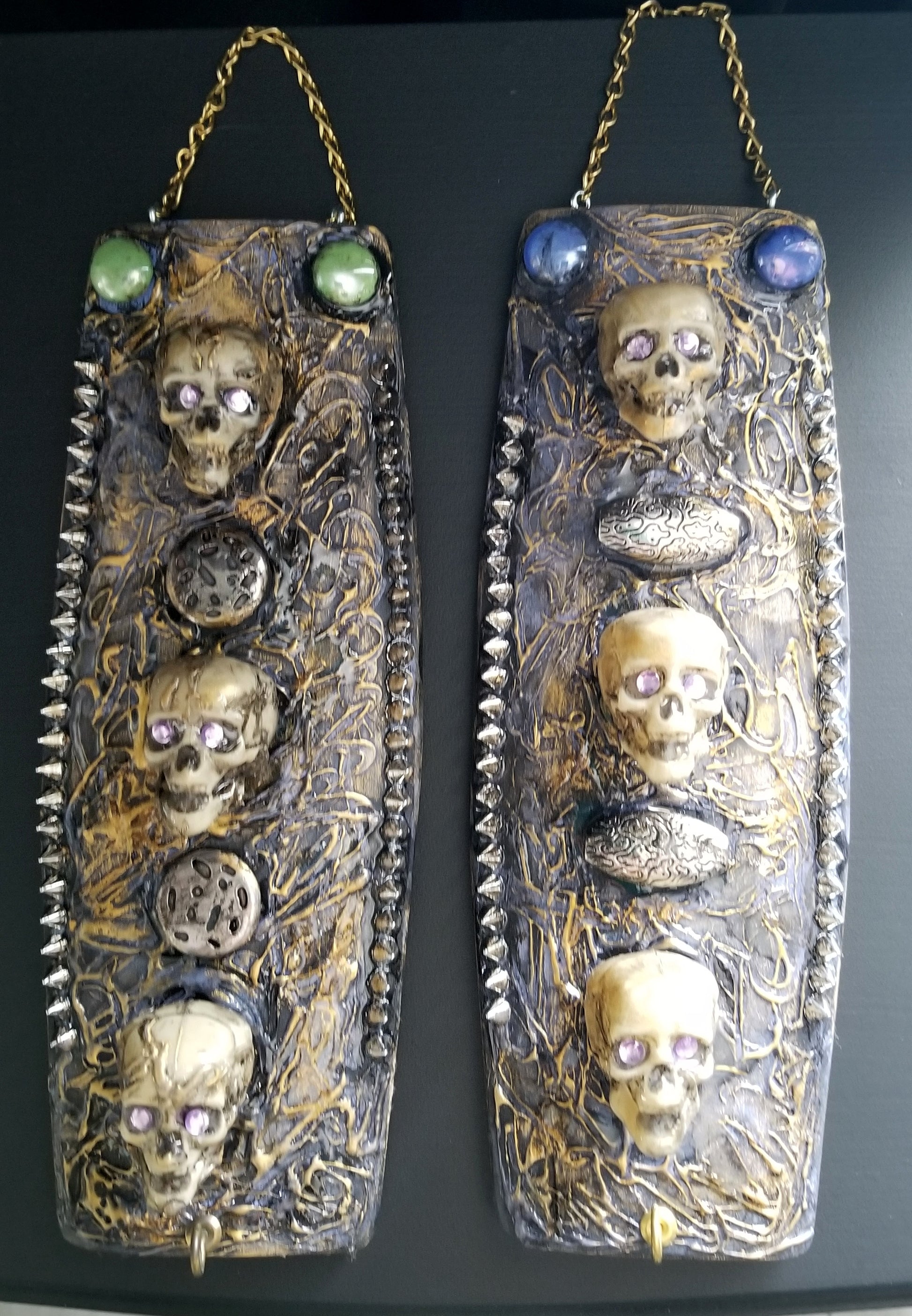 3 Skulls on a Studded Textured Wall Plaque, Home Decor, Punk Art