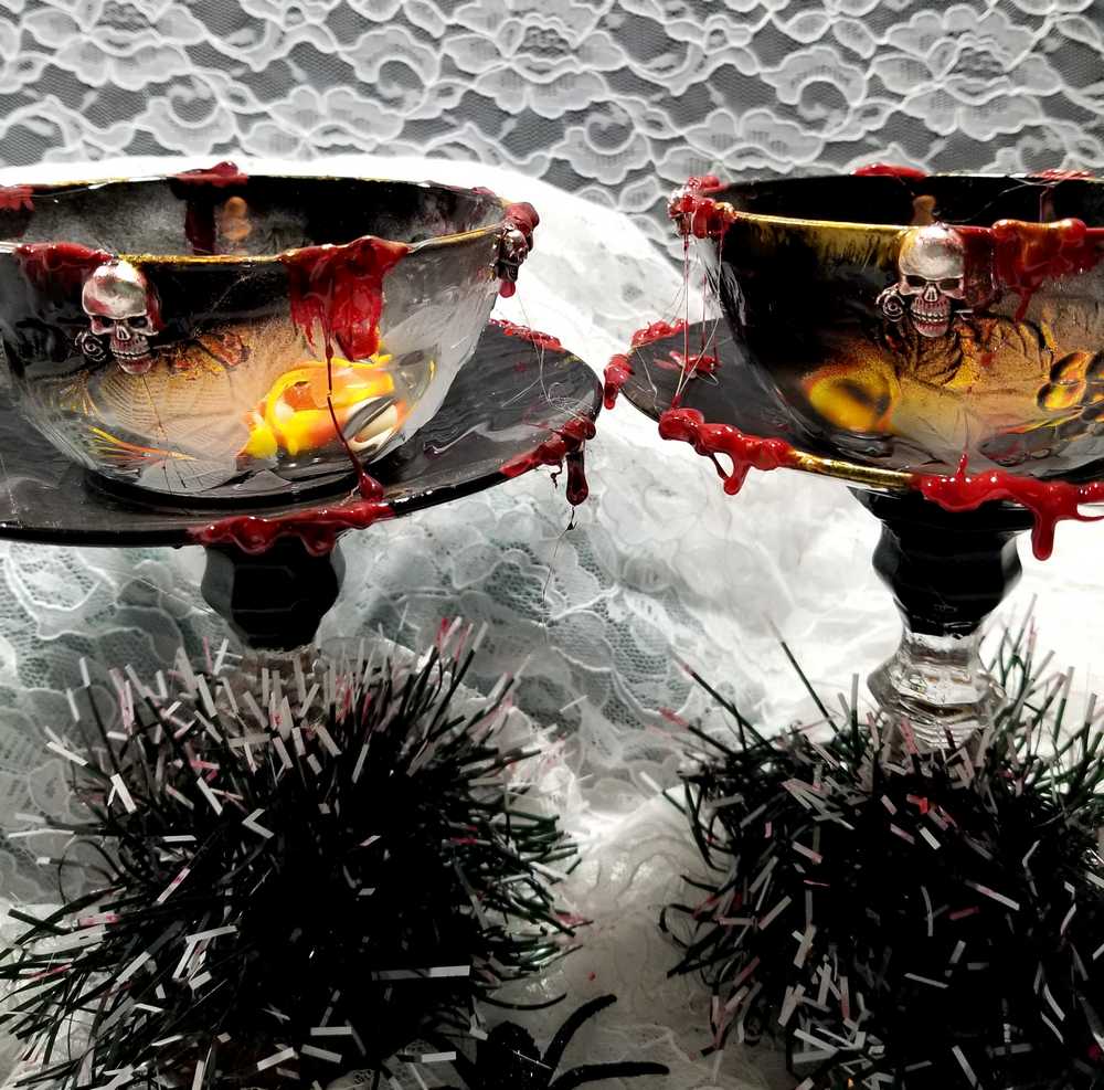 Altered Black Glass Candy Dish or Candle Holder with Fake Blood