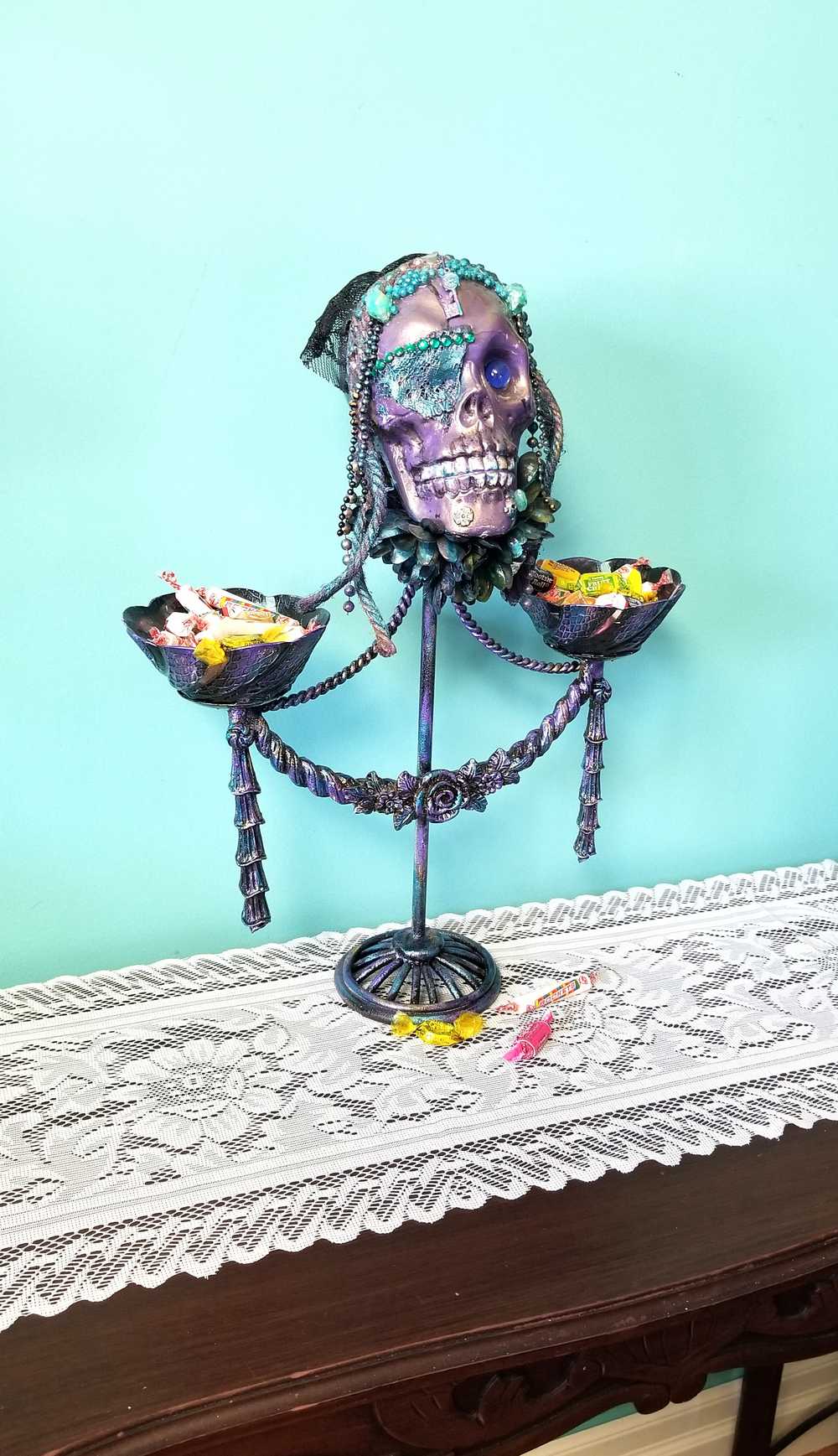 Purple Skull on Decorative Stand with Two Glass Candy Dishes