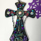 Wooden Cross with Chains, Buttons, Rhinestones, Gears and Skulls