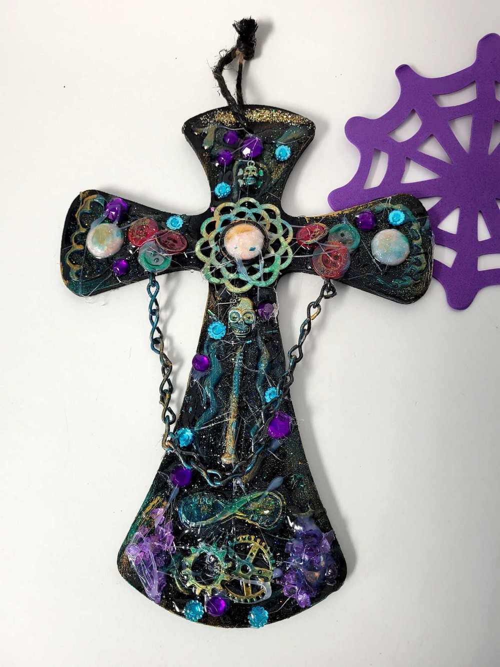 Wooden Cross with Chains, Buttons, Rhinestones, Gears and Skulls