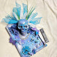 Large Teal Wood Clock with Skull and all Her Jewels, with Lights