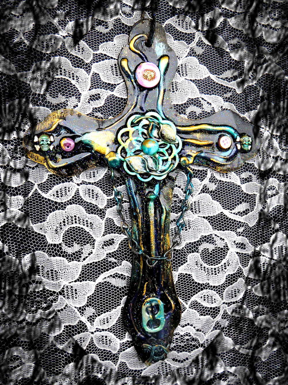 Altered Goth Wooden Cross with Skulls, Chains and Pink Buttons