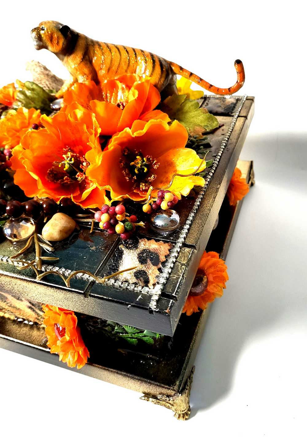 Jewelry Box with Orange & Yellow Flowers and a Tiger, Safari Themed