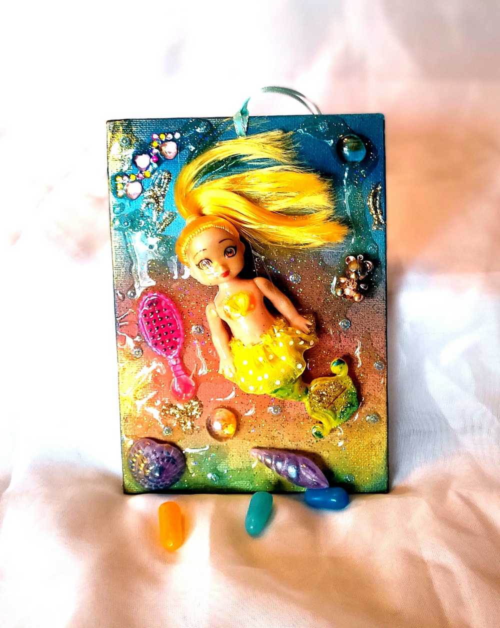 18L x 13W cm Canvas with Blond Mermaid Doll, Wall Hanger for Child's Room