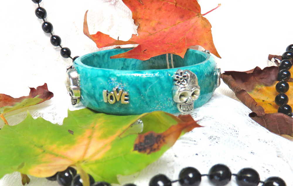 Light Teal Blue Bangle, Bracelet with Skulls and Love Charms