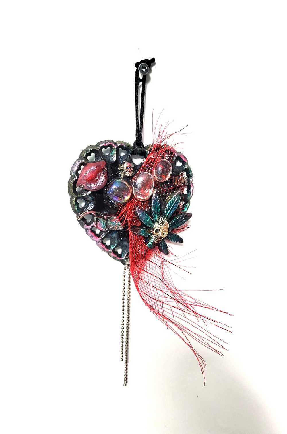 Skull Hanging Heart Ornament with Pouty Red Lips