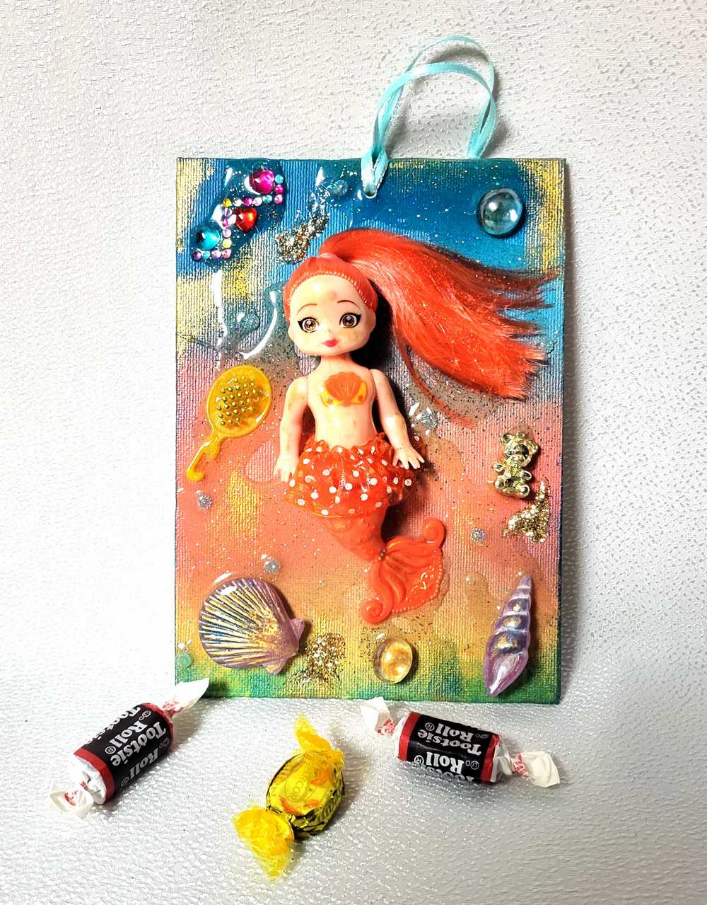 18L x 13W Orange Haired Mermaid Doll on Canvas, Art for The Kid's Room