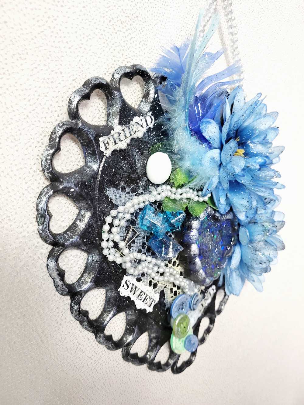 Wooden Heart Wall Decor with Lattice Heart Cut Outs, Blue Flowers