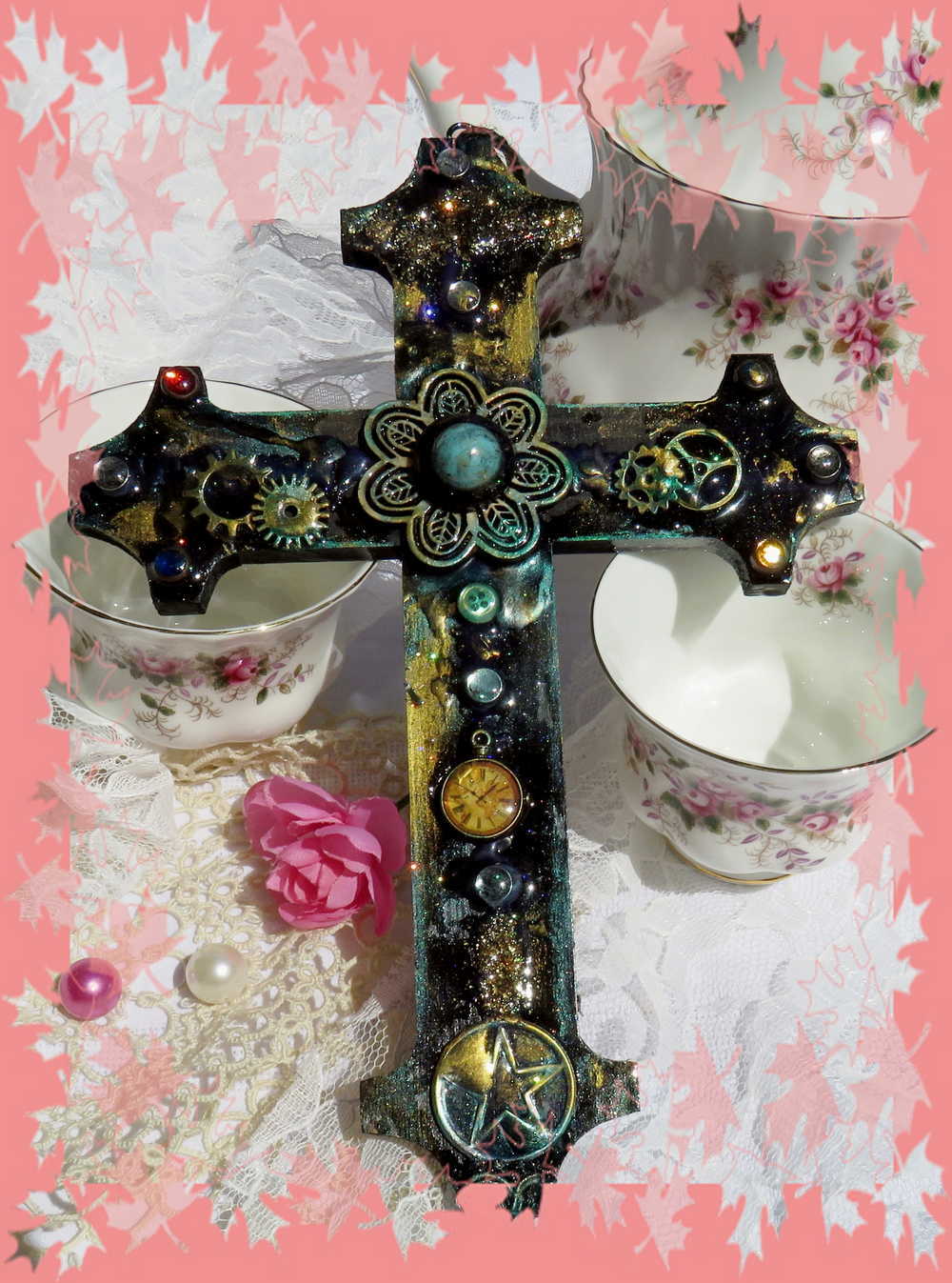 Altered Wood Goth Cross with Blue Stone and Gems