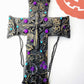 Black Cross With Skulls and Gears in Purple and Teal Rhinestones