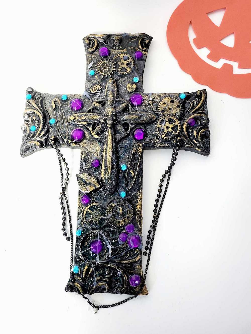 Black Cross With Skulls and Gears in Purple and Teal Rhinestones