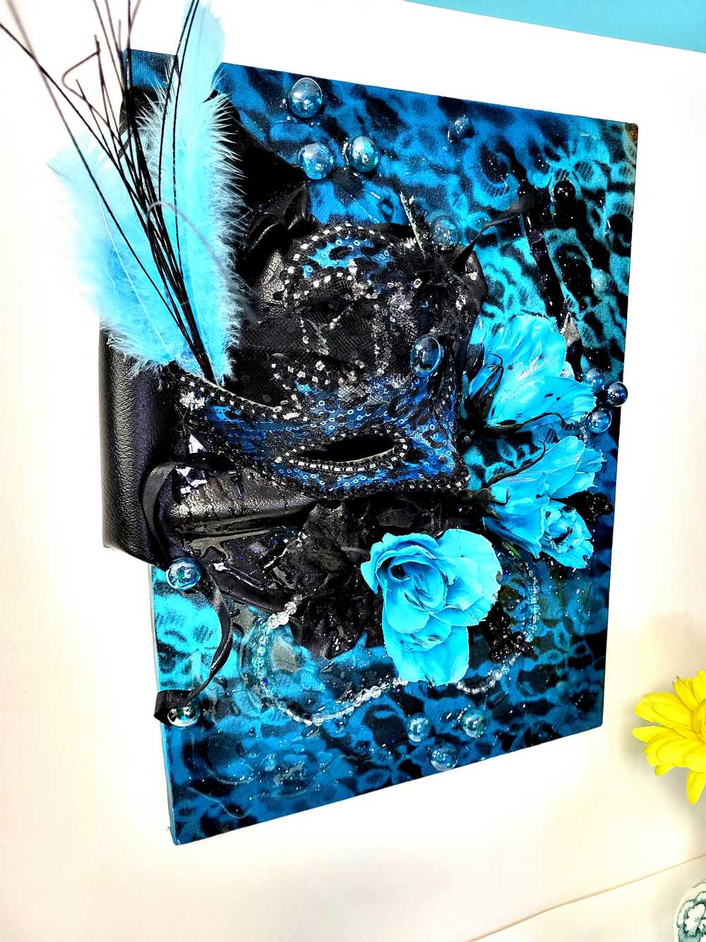 3D Canvas Art with Sexy Teal Blue Mask and Teal Blue Roses, 30 x 40 x 15 cm